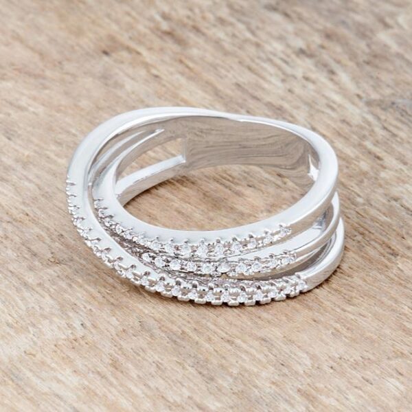Trio band ring shown at an angle highlighting the round cubic zirconia stones catching light