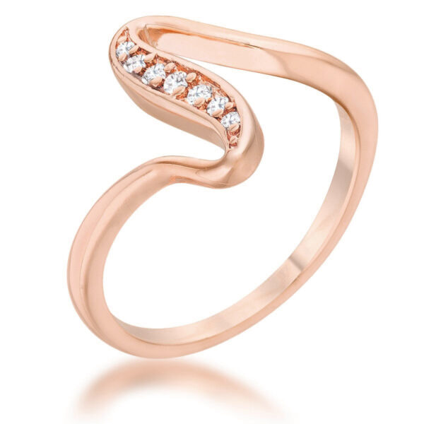 Rose gold-plated wave ring with a line of small round cubic zirconia stones set in pave setting