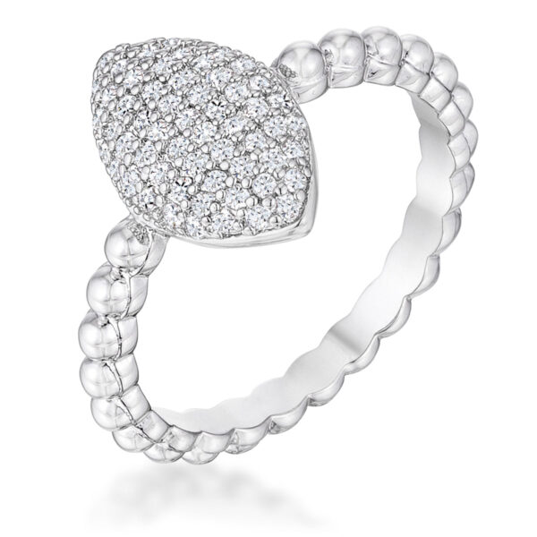 Rhodium plated ring with an oval clear cubic zirconia setting, shown facing forward on a plain background