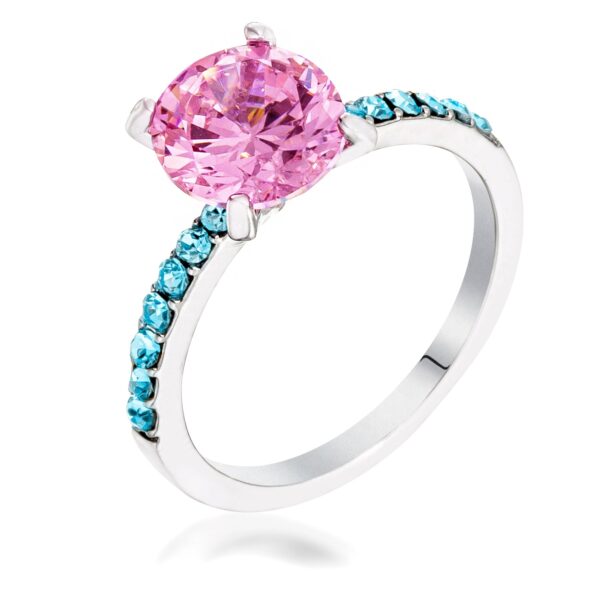 Rhodium plated ring with round pink and aqua cubic zirconia stones set in a pave arrangement