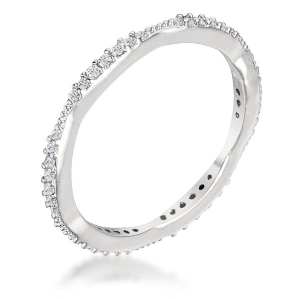 Rhodium plated eternity ring with round cubic zirconia stones set in a micro pave band, shown against a plain background