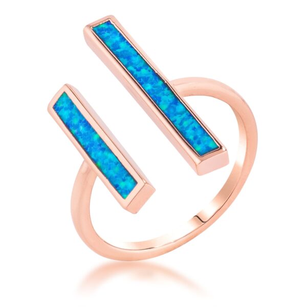 Rose gold plated double bar ring with a blue opal stone set between the two bars