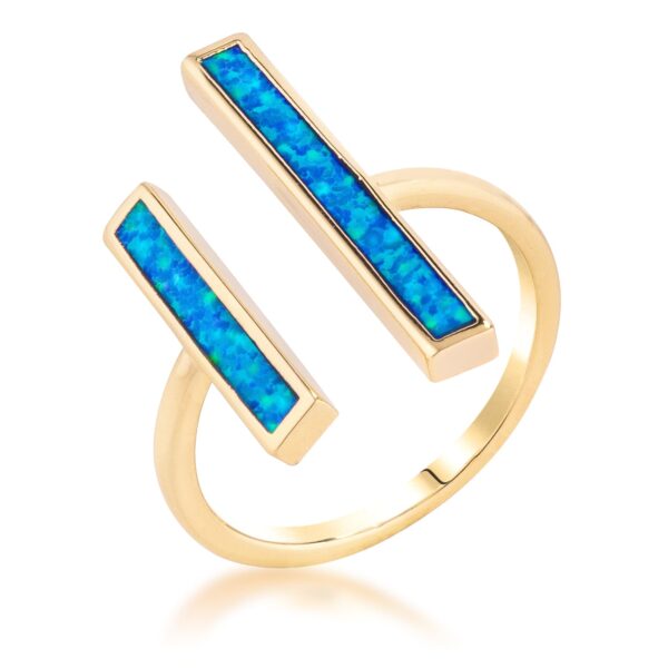 18K Gold plated ring with a blue opal stone shown against a plain background
