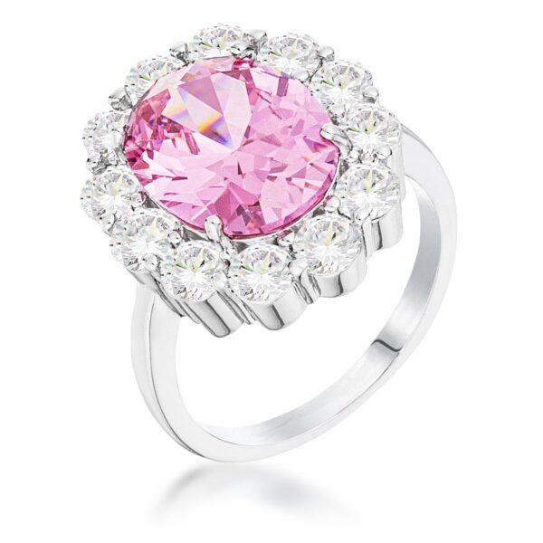 Rhodium plated ring with a pale pink oval center stone surrounded by clear round stones in a blossom pattern