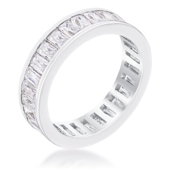 Rhodium plated eternity ring with a row of clear baguette-cut cubic zirconia stones