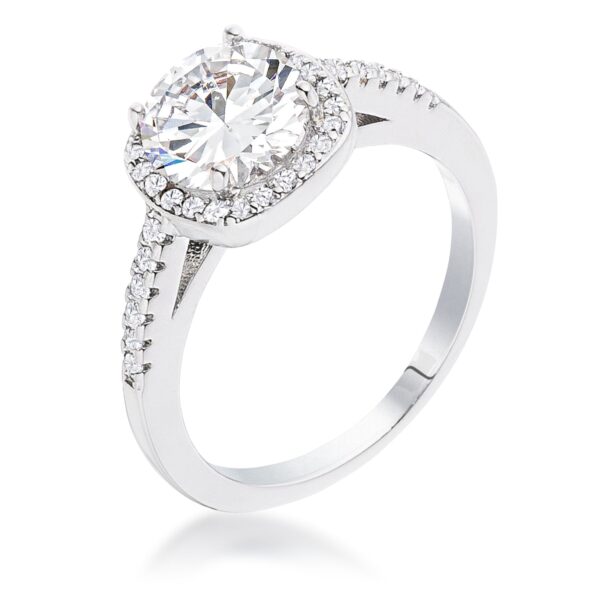 Rhodium plated ring with cushion cut clear cubic zirconia center stone framed by a halo of smaller stones