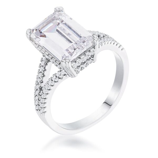 Rhodium plated wishbone ring with a clear cubic zirconia center stone, shown from above
