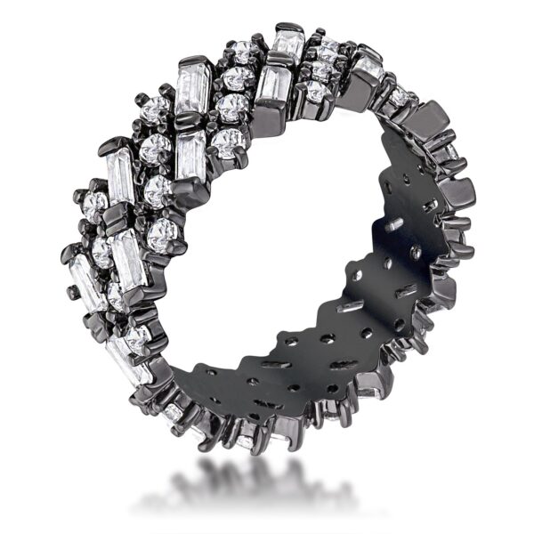 Eternity band with alternating clear CZ baguette and round stones on a hematite finish