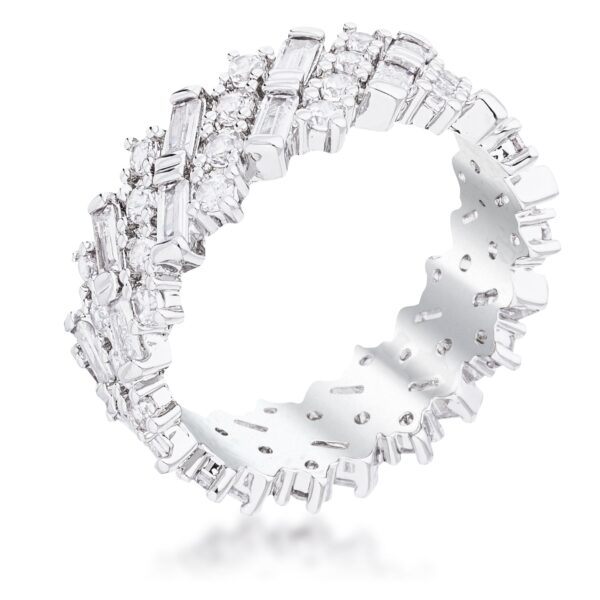 Rhodium-plated eternity band with alternating clear baguette and round cubic zirconia stones