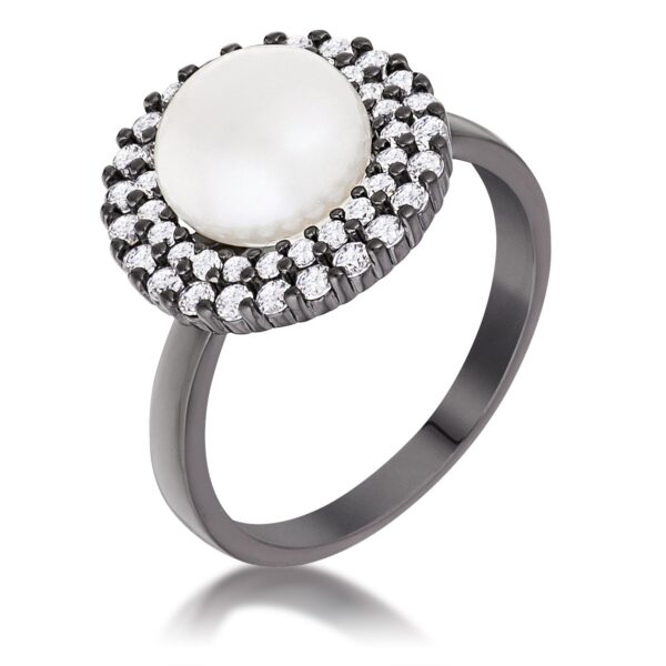 Hematite-finish ring with clear cubic zirconia stones set in a double halo design