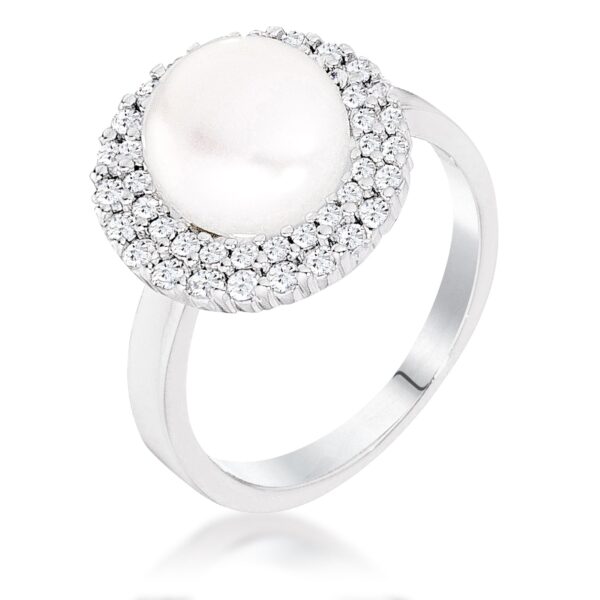 Cocktail ring with a center cubic zirconia stone encircled by two rings of cubic zirconia stones