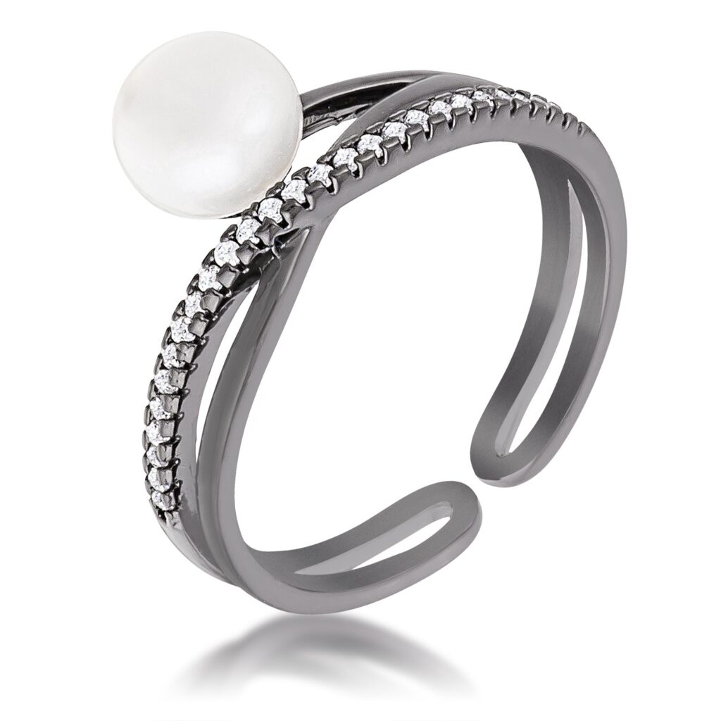Hematite finish ring with a stone accent and cubic zirconia pave on a bypass ribbon band