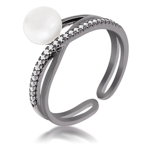 Hematite finish ring with a stone accent and cubic zirconia pave on a bypass ribbon band