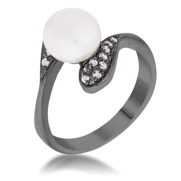 Hematite-finish ring with interlocked double teardrop shapes and cubic zirconia stones