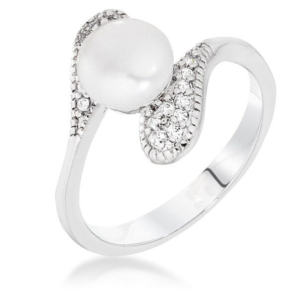 Rhodium plated ring with two interlocked teardrop shapes set with cubic zirconia stones
