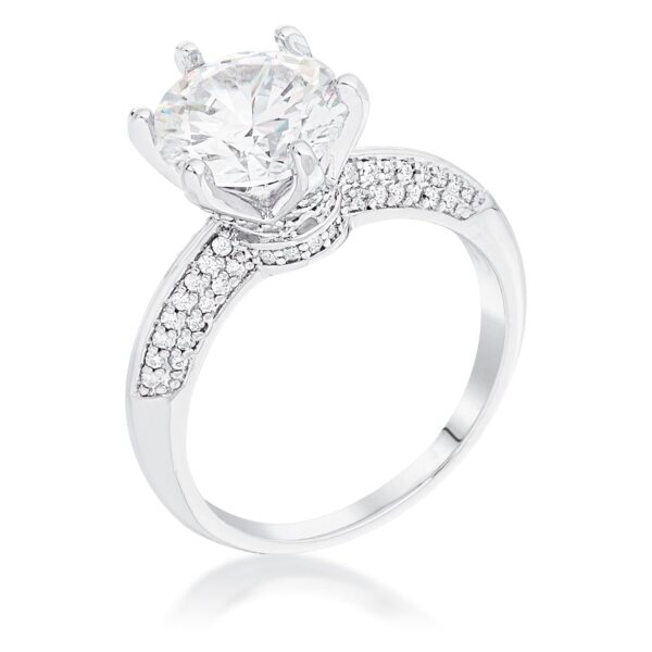 Rhodium plated ring with a round clear CZ center stone and micropave clear stones along the band