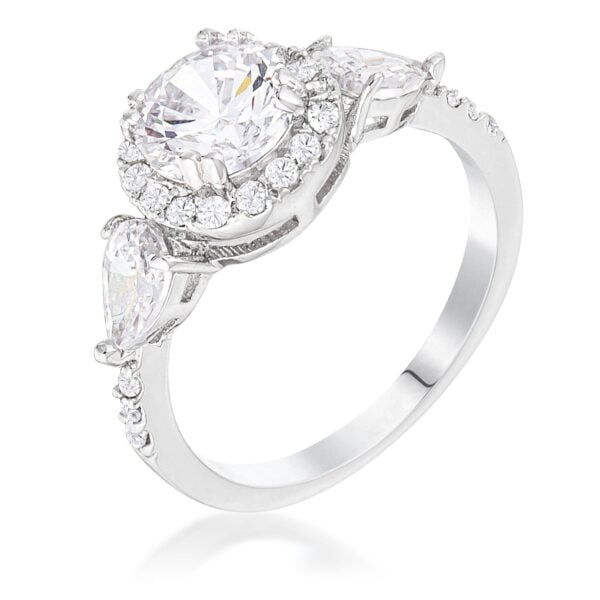 Rhodium plated ring with a round CZ centered between two pear-shaped CZ stones in a halo setting