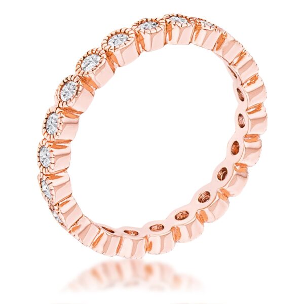 Rose eternity ring with a full band of clear round CZ stones in dotted bezel settings