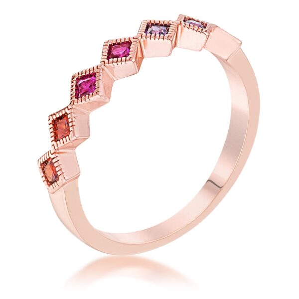 Rose gold plated half eternity band with multi-colored princess cut cubic zirconia stones in a row