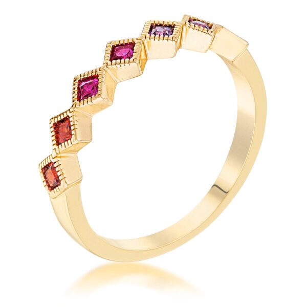 Gold plated ring with a row of multi-colored princess cut cubic zirconia stones set halfway around the band