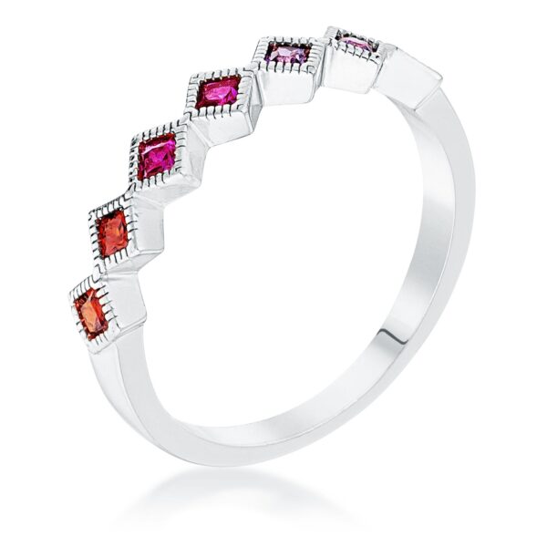 Rhodium plated ring with a row of multi-colored princess cut cubic zirconia stones