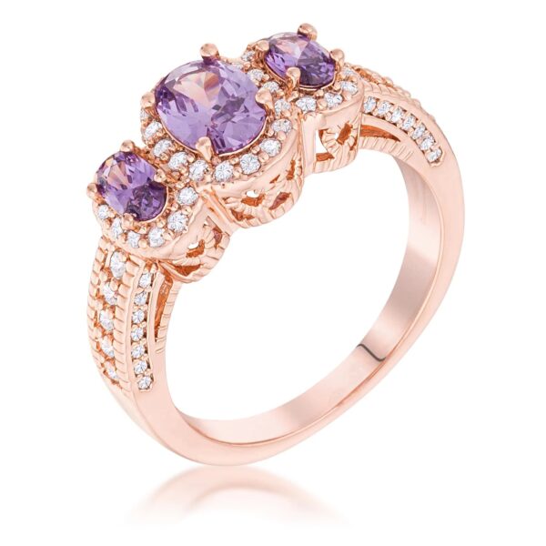 Rose gold plated ring with three oval cut purple cubic zirconia stones in a halo setting