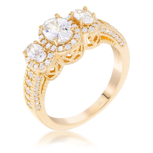 Gold plated ring with three oval cut clear CZ stones in a halo setting
