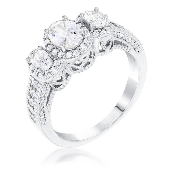 Rhodium plated ring with three oval cut clear cubic zirconia stones set in a halo design