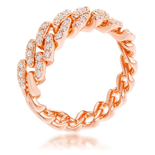 Rose goldtone chain-link ring with clear round cubic zirconia stones set along the flexible top half