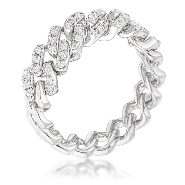 Silvertone flexible chain ring with round clear CZ stones set along half the band