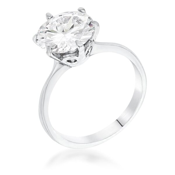 Rhodium plated solitaire ring with a round cubic zirconia stone held by prongs