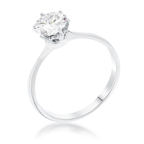 Rhodium plated ring with a round cubic zirconia solitaire held by prongs