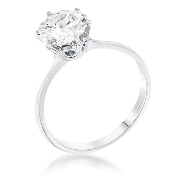 Rhodium plated solitaire ring with a round cubic zirconia stone held by prongs on a plain band
