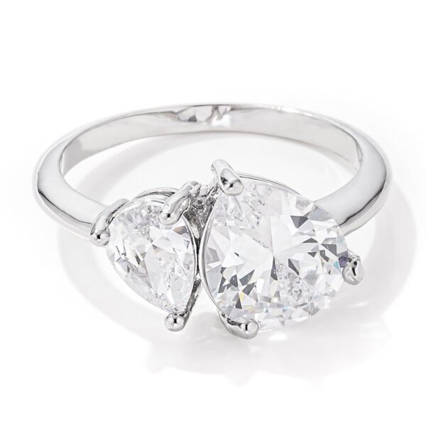 Rhodium plated toi et moi ring with two pear-cut cubic zirconia stones set side by side
