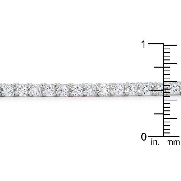 Tennis bracelet clasp mechanism shown open, with rhodium plated metal visible