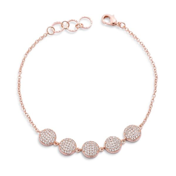Rose goldtone plated bracelet with round cubic zirconia set in pave discs and a lobster clasp