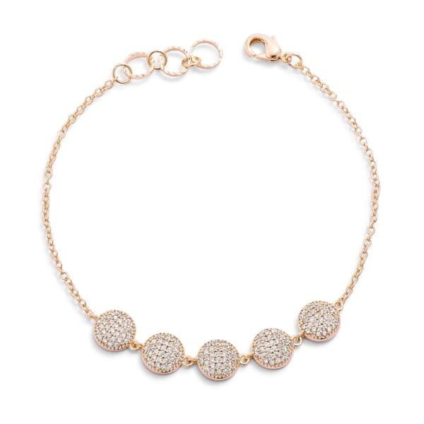 Goldtone plated bracelet with round cubic zirconia set into a row of pave discs, shown with lobster clasp