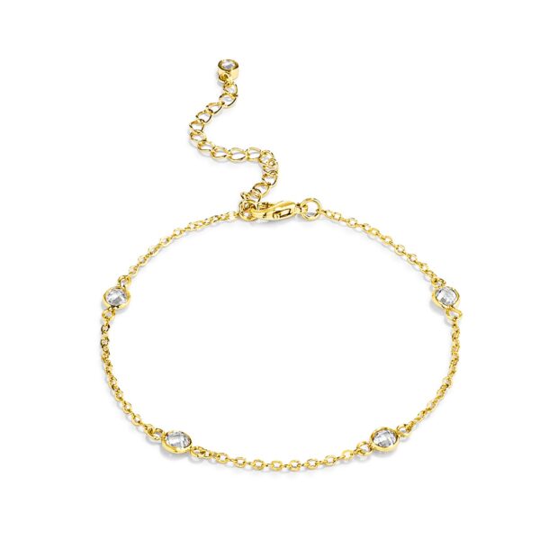 Goldtone plated bracelet with clear round cubic zirconia stones set in round bezels along its length