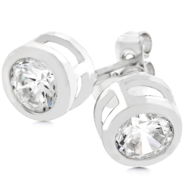 Pair of round bezel-set cubic zirconia stud earrings with rhodium plated metal and butterfly backs