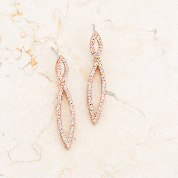 Rose goldtone double teardrop earrings laid flat to show full length and post back closures