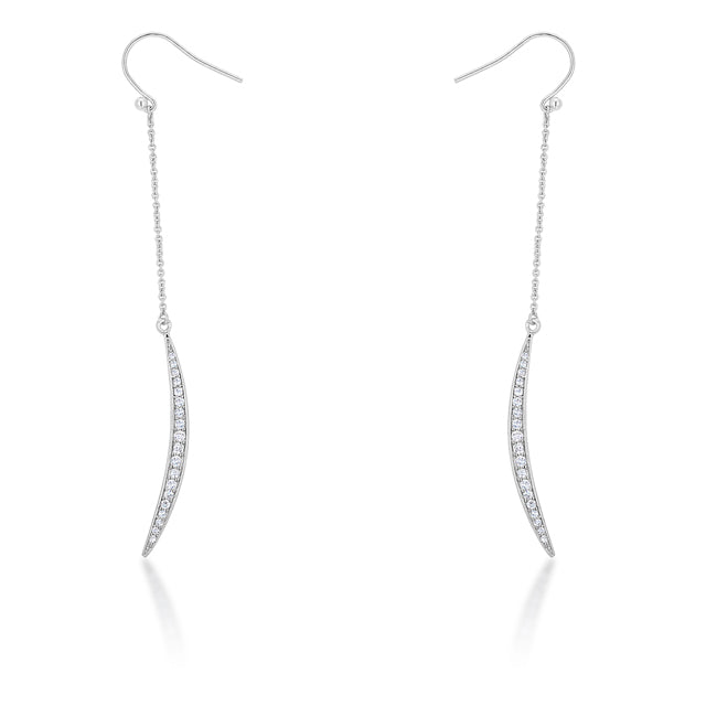 Pair of rhodium plated moon-shaped drop earrings with pave-set cubic zirconia stones