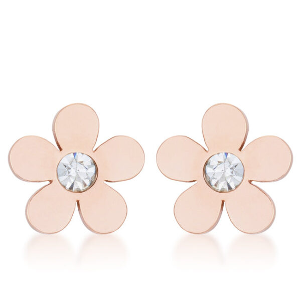 Rosegold plated flower stud earrings with a cubic zirconia center stone, shown facing forward