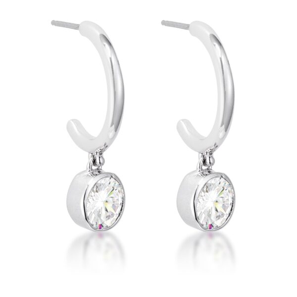 Pair of rhodium plated drop hooplet earrings with round red cubic zirconia stones