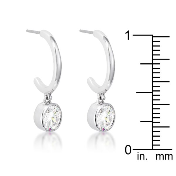 Close-up of a single drop hooplet earring showing the bezel setting around the round stone