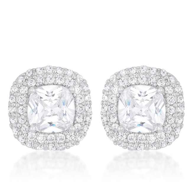 Pair of cushion pave stud earrings with butterfly backs on a plain background