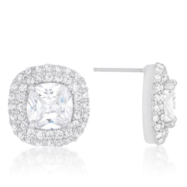 Close-up of one cushion pave stud earring showing the pave-set stones and post back