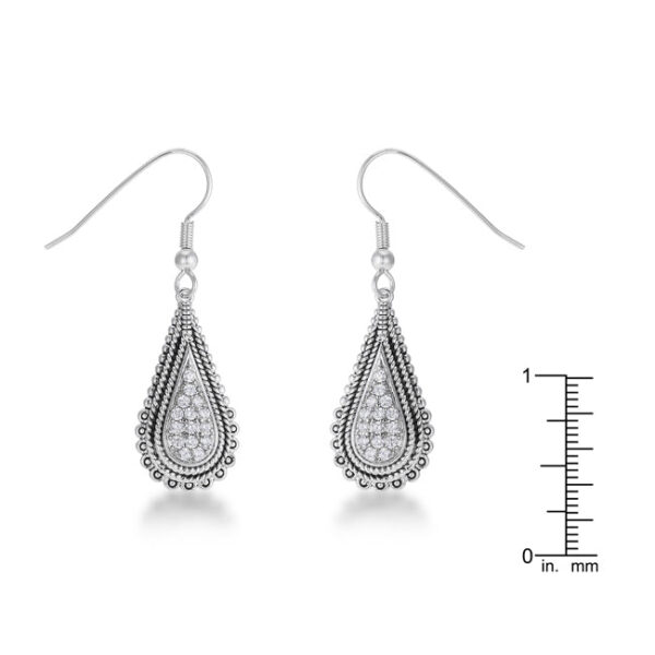 Side angle of tear drop earrings showing the rhodium plated setting and fish hook backing