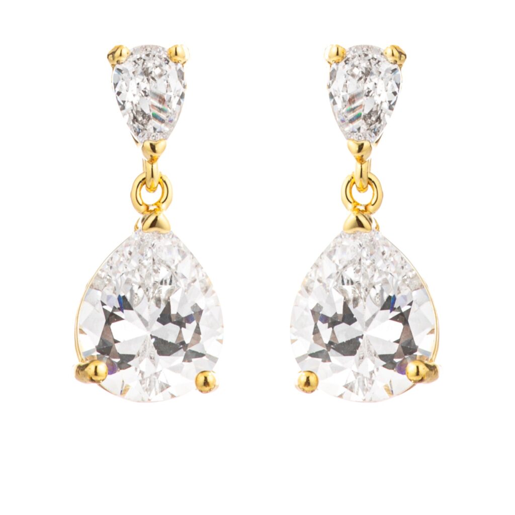 Pair of goldtone drop earrings, each with two stacked pear-cut cubic zirconia stones