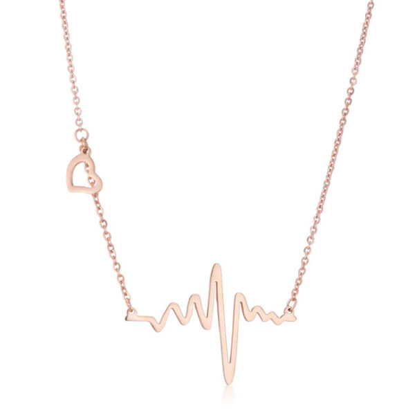 Chain necklace with a small heart charm and a heartbeat pulse line pendant in a rose tone