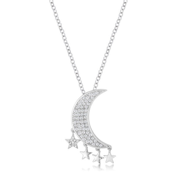 Pendant necklace with a rhodium plated crescent moon and dangling stars, pave-set with cubic zirconia